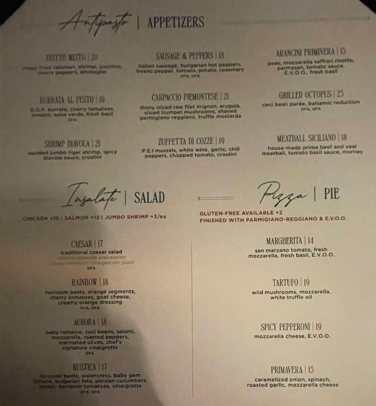 Aurora Italiana Menu | Fine Italian Dining in West Bloomfield