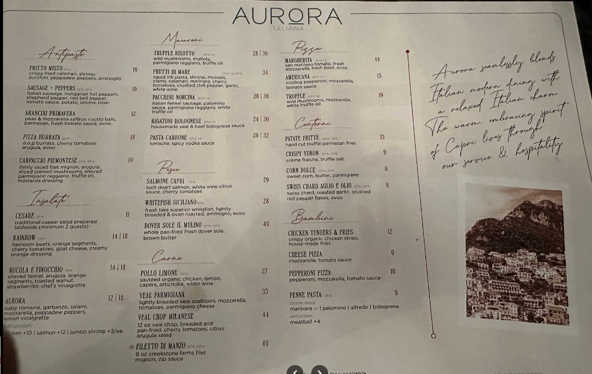Aurora Italiana Menu | Fine Italian Dining in West Bloomfield
